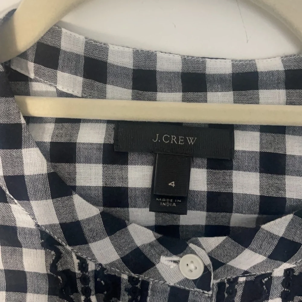 J.Crew Embroidered Black and White Bell-Sleeve Gingham Top